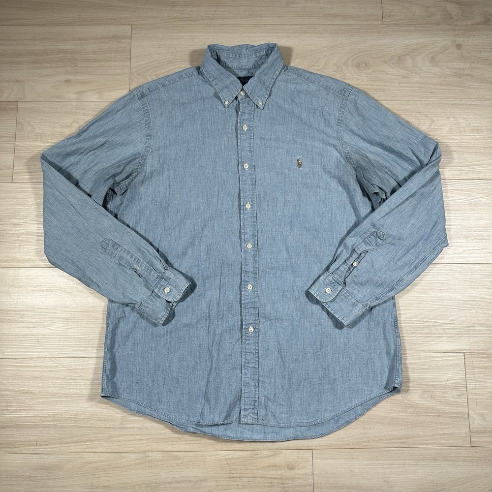 Polo Ralph Lauren Mens XL Button Down Indigo Chambray Denim Shirt Blue Pony